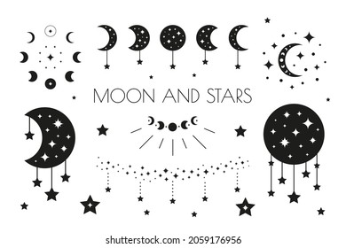 Boho moon phases, crescents and stars isolated on white background. Witchy luna. Alchemy esoteric magic talismans.