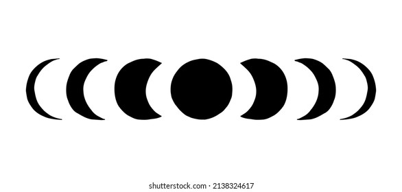 Boho Moon Phases Silhouette. Stages Of Black Astronomical Object Isolated On White Background Vector Horizontal Illustration