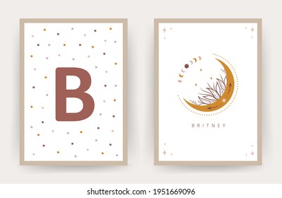Boho moon. Posters with kid name. Scandinavian design for children room wall decor. Cute pastel vector illustration in cartoon style.