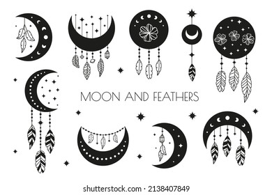 Boho moon set. Black crescents with striped feathers, moon phases and stars isolated on white background. Witchy luna. Alchemy esoteric magic talismans. Mystical symbols.