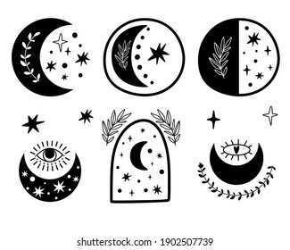 Boho moon set. Celestial moon logo collection. Moon and stars isolated elements. Contemporary aesthetic magic crecsent, eyes, botany branch. Bohemian moon phases in black color. Vector illustration.