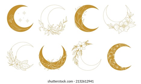 Boho moon set. Flowers in trendy linear minimal style, golden colors, outline emblem for jewelry stores, handmade masters, cosmetics, Spa, beauty and tattoo salon, mystery feminine symbol, vector set