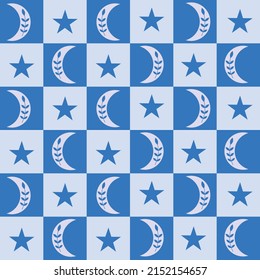 Boho moon and stars on blue checkerboard seamless pattern. Great for textile, stationary cards and Home décor