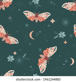 Boho Moth in night starry floral sky vector seamless pattern. Ornate folksy magical butterfly Celestial flower background. Mystic insect in space graphic design 