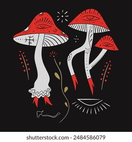 Boho Mushrooms Set Cartoon Magical Poisonous Fantasy Toadstool Mushroom Occult Magic Object Cartoon Style Vector On Dark Background Clip Art Illustration