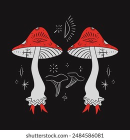 Boho Mushrooms Set Cartoon Magical Poisonous Fantasy Toadstool Mushroom Occult Magic Object Cartoon Style Vector On Dark Background Clip Art Illustration