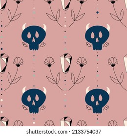 Boho mystery seamless pattern. Esoteric and mystical print, skull isolated objects. Hand drawn doodle magician textile.Flowers and magic cristal elements. Wallpaper and fabric, pink vector background