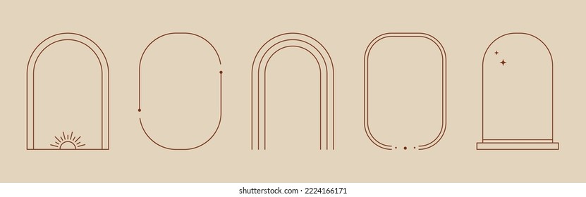 Conjunto de marcos místicos de arco de Boho. Arco de estilo de línea mínima, marco de forma ovalado con estrella, elemento geométrico para placa, diseño de logotipo. Ilustración vectorial.