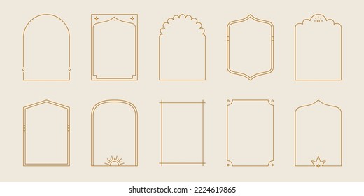 Boho mystic arch frame set. Minimal line style arch, oval shape boho frame with star, geometric element for badge, logo design. Vector illustration.