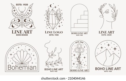 Boho mystic doodle esoteric logo set. Magic line art icon with butterfly, diamond, arch, woman body and face, key, mountain. Bohemian modern vector illustration