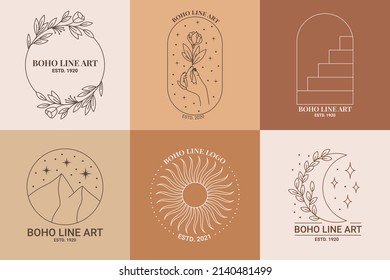 Boho mystic doodle esoteric logo set. Magic line art icon with moth, key, sun, cactus, moon. Bohemian modern vector illustration