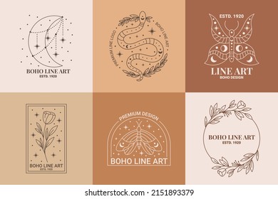 Boho mystic doodle esoteric logo set. Magic line art icon with moon, snake, rose, moth, floral wreath. Bohemian modern vector illustration