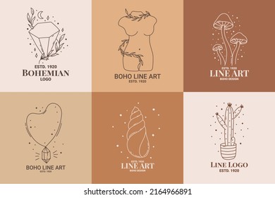 Boho mystic doodle esoteric logo set. Magic line art icon with mushroom, diamond, body, cactus, moon. Bohemian modern vector illustration