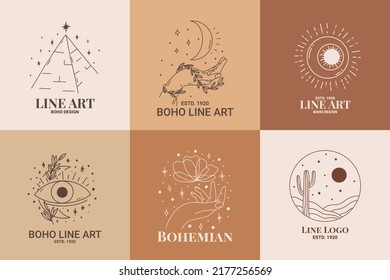 Boho Mystic Doodle Esoteric Logo Set. Magic Line Art Icon With Pyramid, Sunset, Sun, Hand, Moon, Eye. Bohemian Modern Vector Illustration