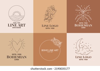 Conjunto de logotipo esotérico del doodle místico boho. Icono de arte de la línea mágica con corazón, araña, sol, mano, luna, corona. Ilustración vectorial moderna de Bohemia