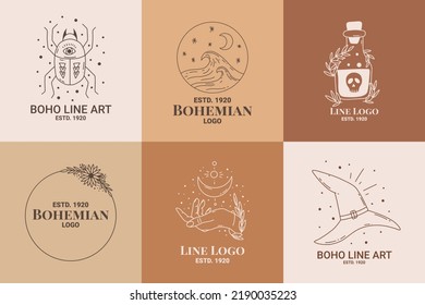 Boho Mystic Doodle Esoteric Logo Set. Magic Line Art Icon With Beetle, Wave, Poison, Frame, Moon, Hand. Bohemian Modern Vector Illustration