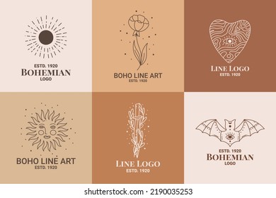 Boho mystic doodle esoteric logo set. Magic line art icon with sun, flower, heart, bat, knife. Bohemian modern vector illustration