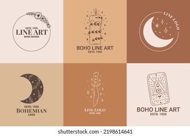 Boho mystic doodle esoteric logo set. Magic line art icon with candle, tarot, sun, knife, moon. Bohemian modern vector illustration