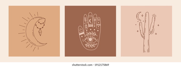 Boho Mystic Doodle Esoteric Set. Magic Line Art Poster With Hands, Cactus, Moon And Stars. Bohemian Modern Vector Illustration