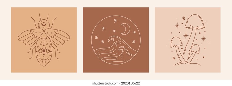 Boho mystic doodle esoteric set. Magic line art poster with bee, mushroom, sea. Bohemian modern vector illustration