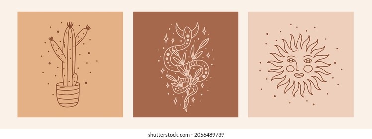 Boho mystic doodle esoteric set. Magic line art poster with cactus, sun, snake and moon. Bohemian modern vector illustration