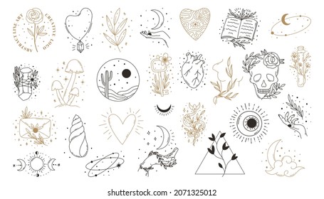 Conjunto esotérico místico del doodle boho. Afiche de arte de la línea mágica con luna, llave, concha, setas. Ilustración vectorial moderna de Bohemia