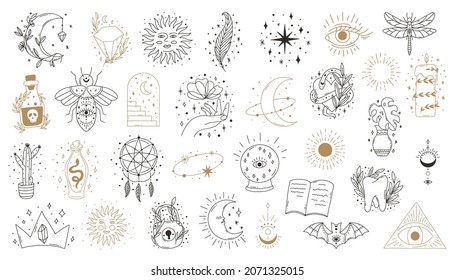 Boho mystic doodle esoteric set. Magic line art poster with moon, hand, flower. Bohemian modern vector illustration