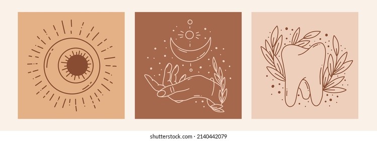 Conjunto esotérico místico del doodle boho. Afiche de arte de la línea mágica con luna, mano, flor. Ilustración vectorial moderna de Bohemia