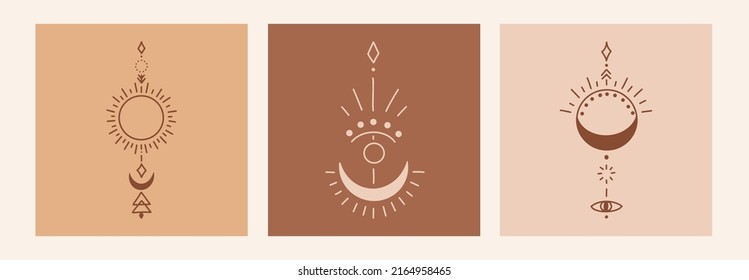 Boho mystic doodle esoteric set. Magic line art poster with moon, hand, flower. Bohemian modern vector illustration