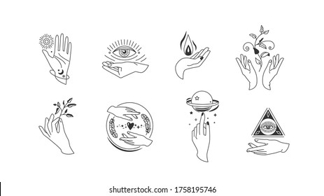 Boho Mystic Doodle Line Design. Hands Set In Simple Flat Esoteric Style. Feminine Hand Logo Collection With Different Symbol Like Space Star Planet, Floral Herb, Moon And Sun, Heart Love, Eye, Fire, D