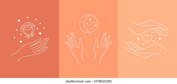 Boho mystic doodle set. Simple line magic logo icons with hands, moon, rose, stars. Bohemian posters, vector modern illustration