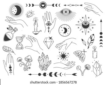 Boho mystic elements. Witch magic vintage logos with crystals, hands, moon and eyes. Outline spiritual and esoteric tattoo design vector set. Illustration magic tattoo, mystic boho esoteric