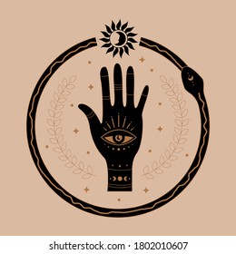 Símbolo místico místico boho. Icono de magia dibujado a mano simple logo femenino con serpiente de la mano de la luna de sol. Ilustración vectorial.