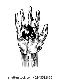 Boho mystic hand with fire. Arcane Esoteric icon. Vintage engraving sketch. Doodle outline. Hand drawing. Vector illustration.