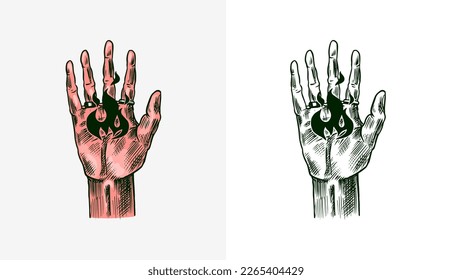 Boho mystic hand with fire. Arcane Esoteric icon. Vintage engraving sketch. Doodle outline. Hand drawing. Vector illustration.