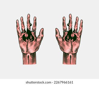 Boho mystic hand with fire. Arcane Esoteric icon. Vintage engraving sketch. Doodle outline. Hand drawing. Vector illustration.