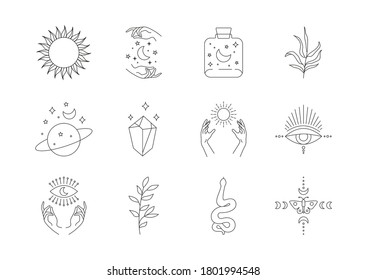 Boho mystic line icons. Simple tattoos, hand drawn astrology logos, bohemian set of magic esoteric symbols. Vector illustration.