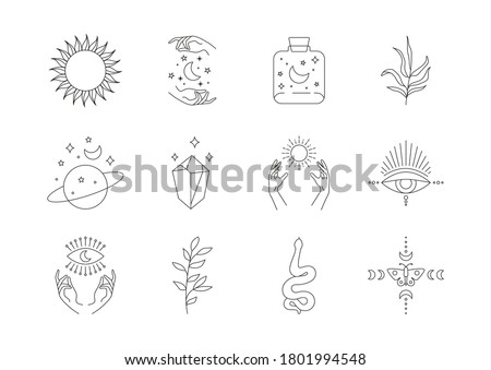 Boho mystic line icons. Simple tattoos, hand drawn astrology logos, bohemian set of magic esoteric symbols. Vector illustration.