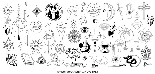 Los símbolos Boho Mystic Magic. Doodle esotérico, boho místico elementos dibujados a mano aislado fondo. Perfecto para afiches, tatuajes, textiles, cartas, misterio. Juego mágico. Ilustración del vector
