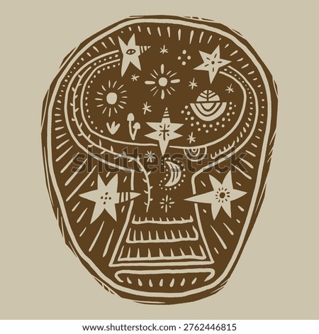 Boho Mystic Primitive Egyptian Goddess Linocut Vector Clipart