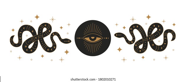 Boho mystic snake design. Abstract hand drawn esoteric serpent icon  golden elements with moon eye, occult egypt style. Vector illustration.