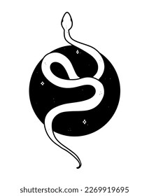 Boho mystic snake doodle, esoteric astrology magic hand drawn art poster, tattoo idea, isolated on white background