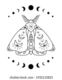 Boho mystical butterfly woth moon. Magic vintage moth isolated not white. Vector silhouette of an insect. Celestial symbol in outline style.