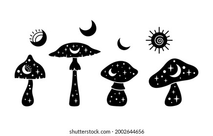 Boho mystical celestial mushrooms isolated cliparts set, Magic mushroom silhouette on white background