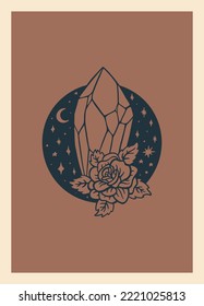 Boho mystical crystal with crescent moon and flower. Tarot card design. Vintage bohemian poster. Vector illustration