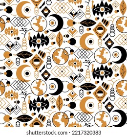 Boho mystical decoration seamless pattern vector. Moon and planet, plant branch leaf and herbal ornament trendy bohemian celestial style. Mystic and ethnic decor flat cartoon illustration