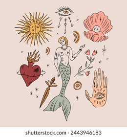 Boho personajes de cuento de hadas mística línea de Vector arte Paquete de coloración de artículos de cuento de hadas minimalista caprichosa. Virgo niña sirena, corazón sagrado, concha, sol y luna, daga, flor y más. Marina