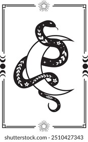 Boho mystical illustration with snake and crescent moon in frame. Serpent silhouette with floral elements in trendy bohemian occult style. Can be used in poster art, sublimation, tattoo, t-shirt.