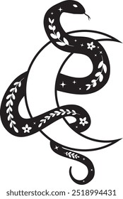 Boho mystical illustration with snake and crescent moon. Serpent silhouette with floral elements in trendy bohemian occult style. Can be used in poster art, sublimation, tattoo, t-shirt prints.