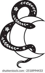 Boho mystical illustration with snake and crescent moon. Serpent silhouette with floral elements in trendy bohemian occult style. Can be used in poster art, sublimation, tattoo, t-shirt prints.